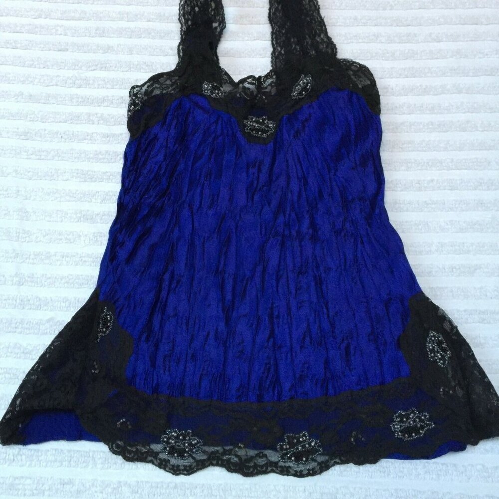 Cino Women Crinkle Beaded Lace Trim Tank Top Blouse Medium Black/Blue Sleeveless